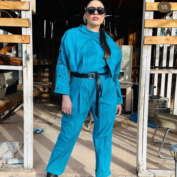 American Vintage Pants - Vintage 80s Malouf Jumpsuit Womens Sz Medium Blue Button Detail Sleeves Cotton